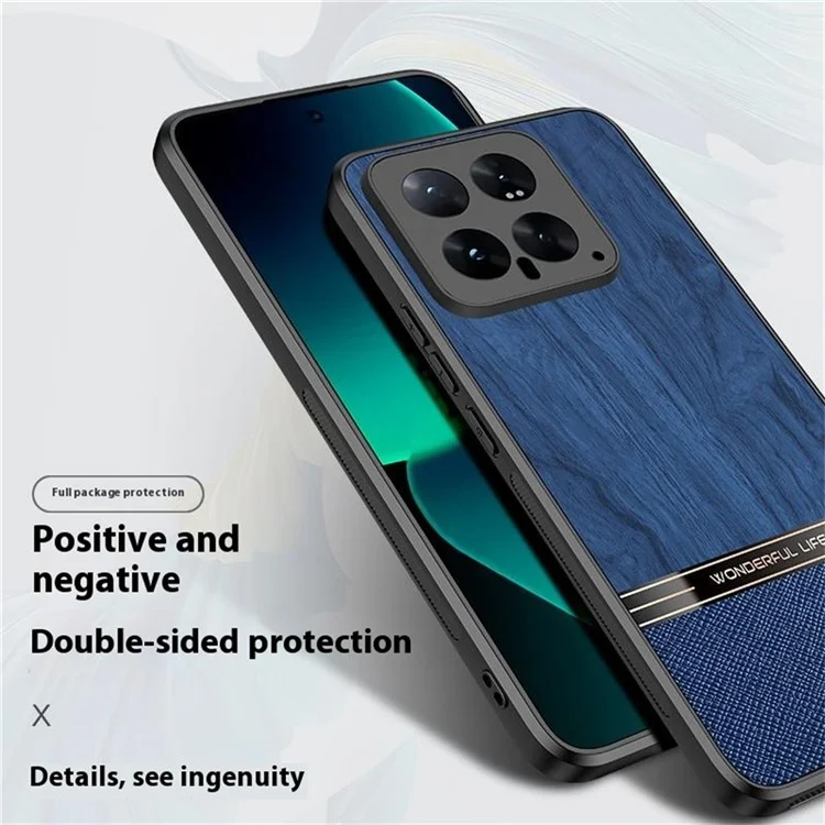Capa para Xiaomi 14T Textura de Madeira com Revestimento de Couro e TPU para Proteção de Celular - Azul