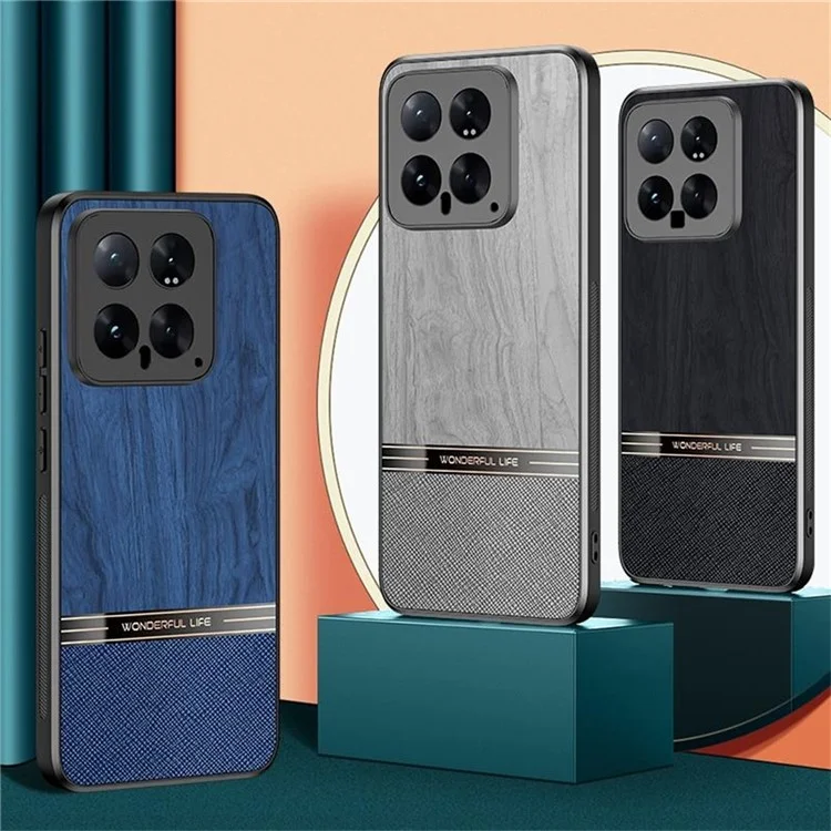 Capa para Xiaomi 14T Textura de Madeira com Revestimento de Couro e TPU para Proteção de Celular - Azul