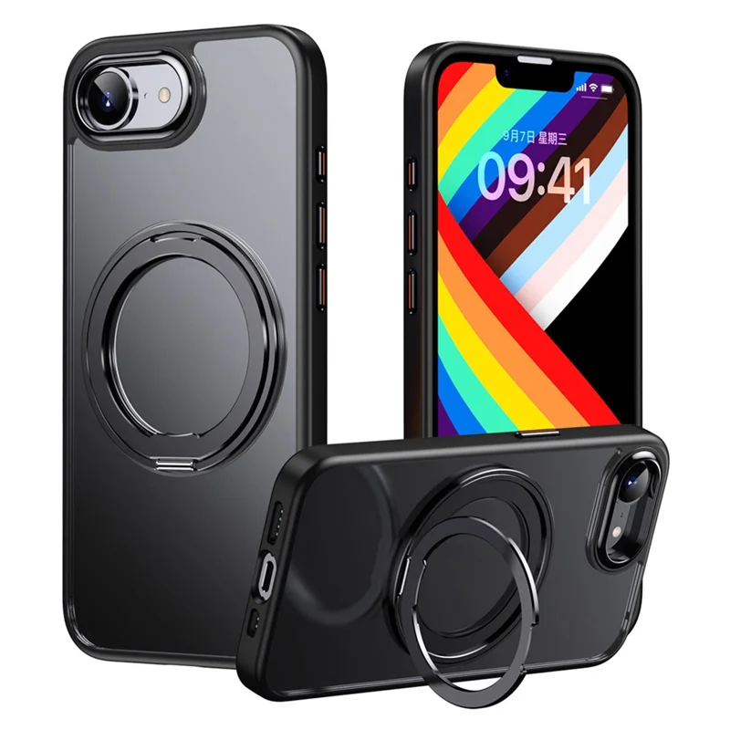 For iPhone 17e / 16e Case Rotating Kickstand PC + TPU Skin-Feel Phone Cover - Black