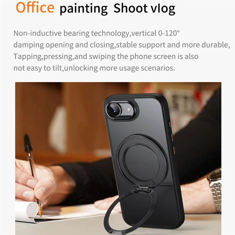 For iPhone 17e / 16e Case Rotating Kickstand PC + TPU Skin-Feel Phone Cover - Black