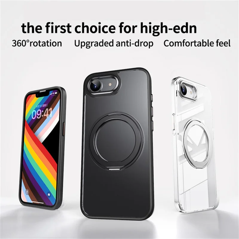 For iPhone 17e / 16e Case Rotating Kickstand PC + TPU Skin-Feel Phone Cover - Black