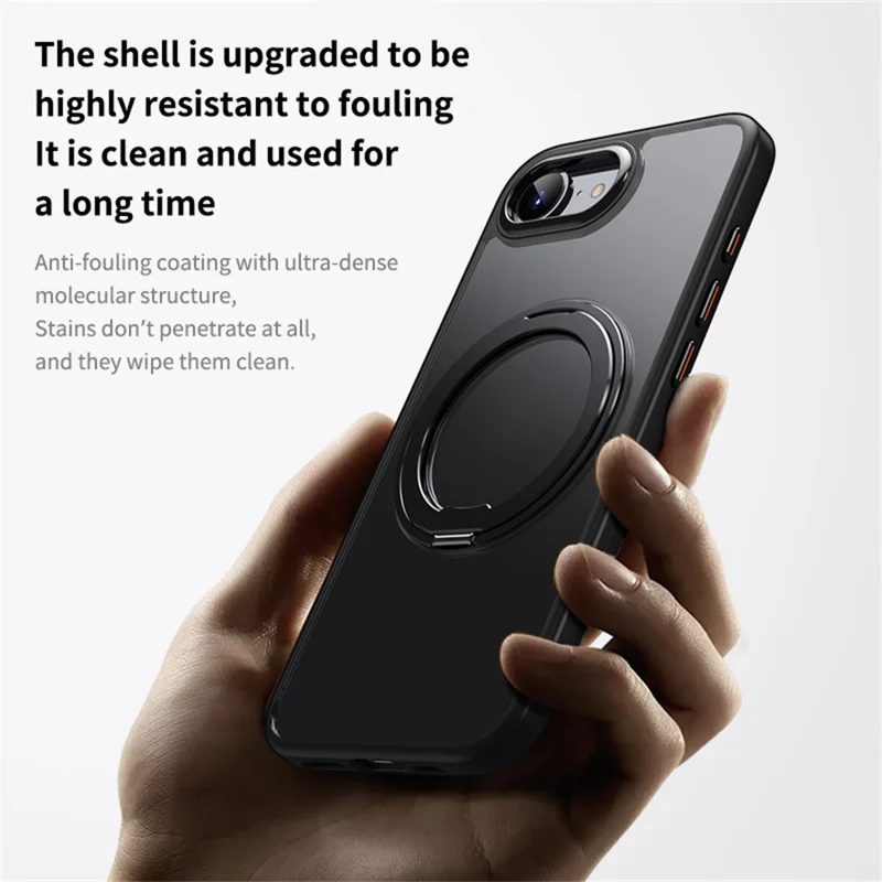 For iPhone 17e / 16e Case Rotating Kickstand PC + TPU Skin-Feel Phone Cover - Black