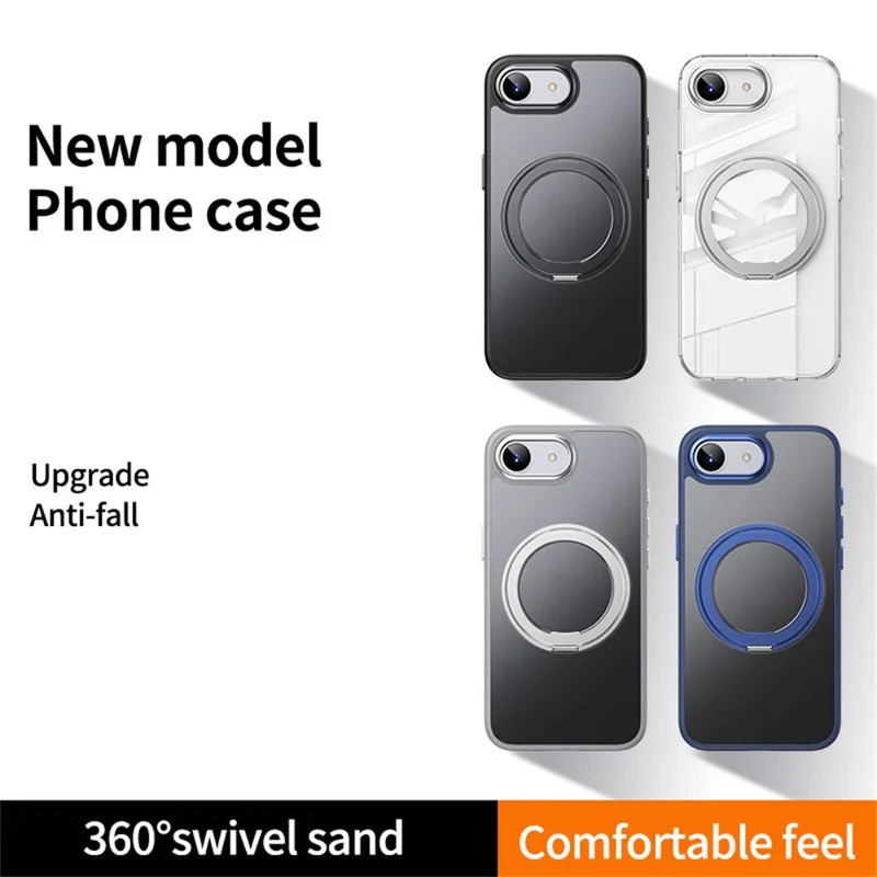 For iPhone 17e / 16e Case Rotating Kickstand PC + TPU Skin-Feel Phone Cover - Black