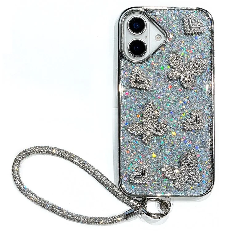 Funda para iPhone 16 con Purpurina, Mariposa y Corazón, Diseño de Resina Epoxi, Carcasa Protectora TPU PC con Correa de Muñeca