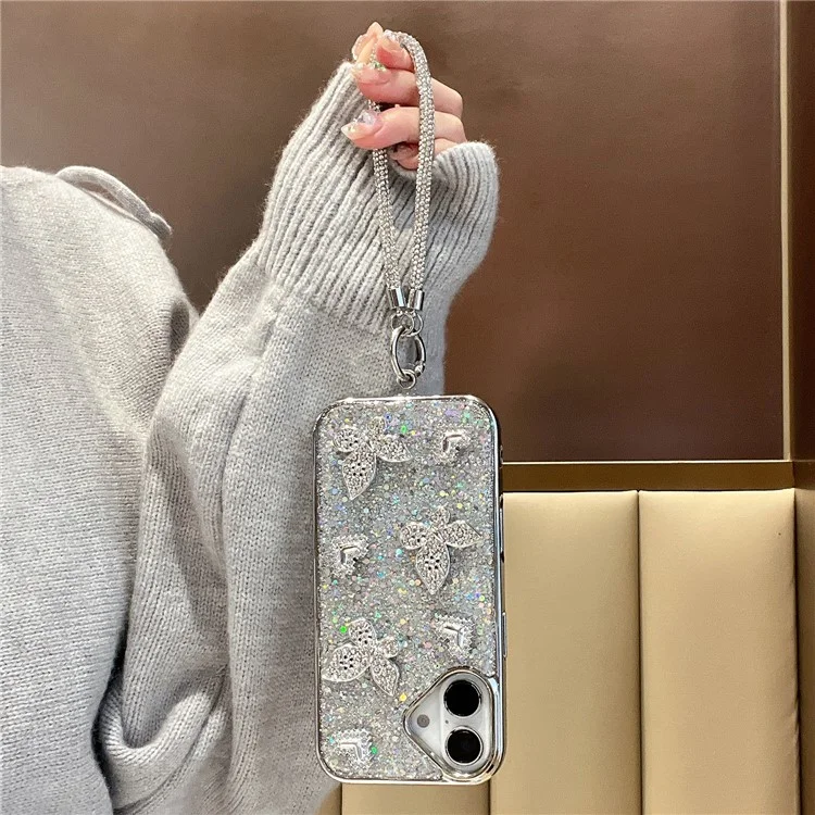 Funda para iPhone 16 con Purpurina, Mariposa y Corazón, Diseño de Resina Epoxi, Carcasa Protectora TPU PC con Correa de Muñeca