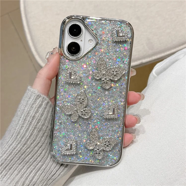 Funda para iPhone 16 con Purpurina, Mariposa y Corazón, Diseño de Resina Epoxi, Carcasa Protectora TPU PC con Correa de Muñeca
