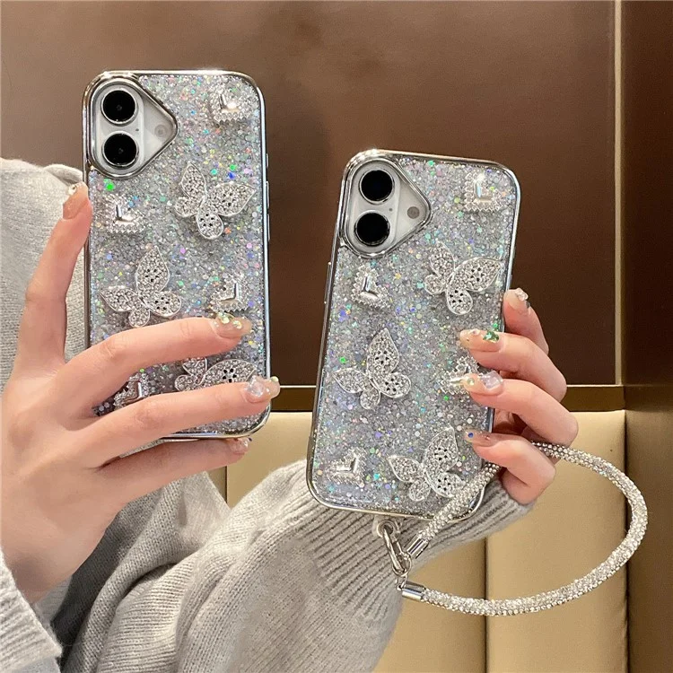 Funda para iPhone 16 con Purpurina, Mariposa y Corazón, Diseño de Resina Epoxi, Carcasa Protectora TPU PC con Correa de Muñeca