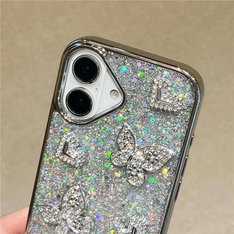 Funda para iPhone 16 con Purpurina, Mariposa y Corazón, Diseño de Resina Epoxi, Carcasa Protectora TPU PC con Correa de Muñeca