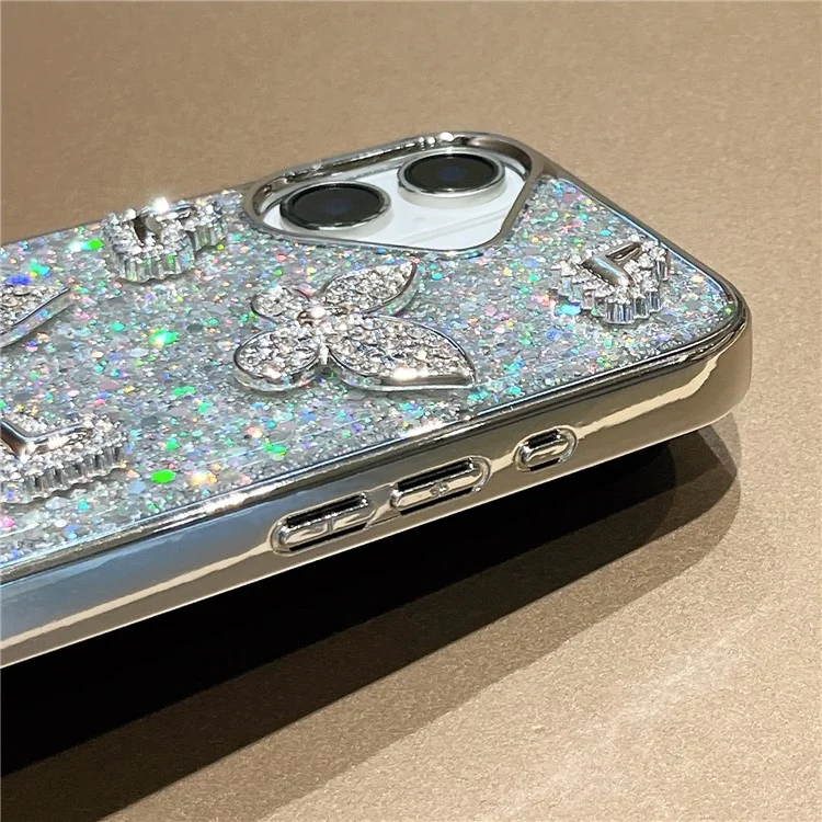 Funda para iPhone 16 con Purpurina, Mariposa y Corazón, Diseño de Resina Epoxi, Carcasa Protectora TPU PC con Correa de Muñeca