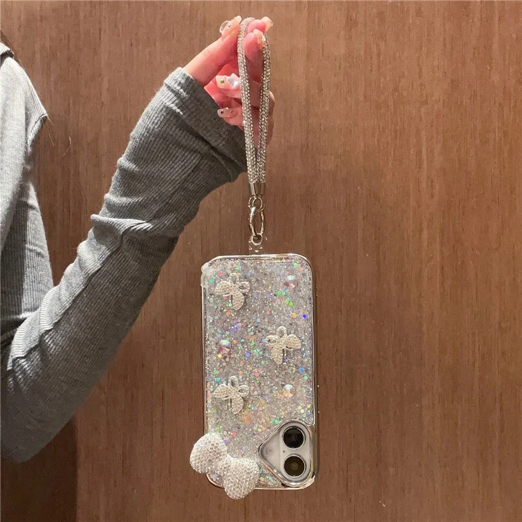 For iPhone 16 Case Rhinestone Bowknot Decor Epoxy Hybrid Phone Cover with Strap