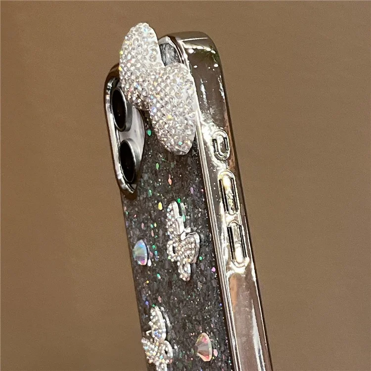 For iPhone 16 Case Rhinestone Bowknot Decor Epoxy Hybrid Phone Cover with Strap