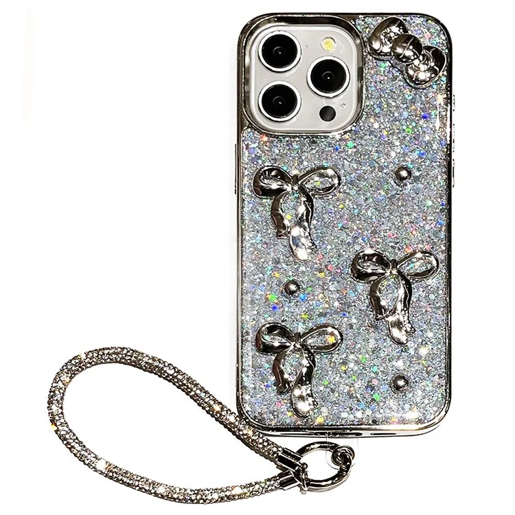 For iPhone 16 Case Electroplated Bowknot Glitter Epoxy Phone Back Cover with Strap