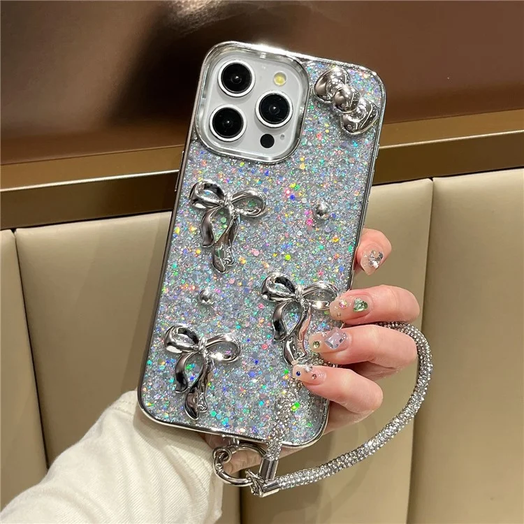 For iPhone 16 Case Electroplated Bowknot Glitter Epoxy Phone Back Cover with Strap