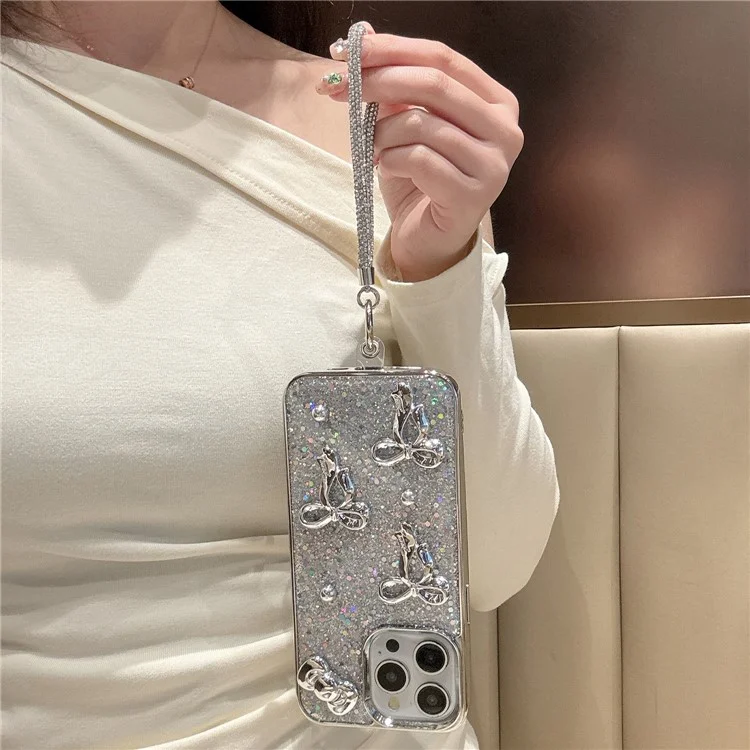 For iPhone 16 Case Electroplated Bowknot Glitter Epoxy Phone Back Cover with Strap
