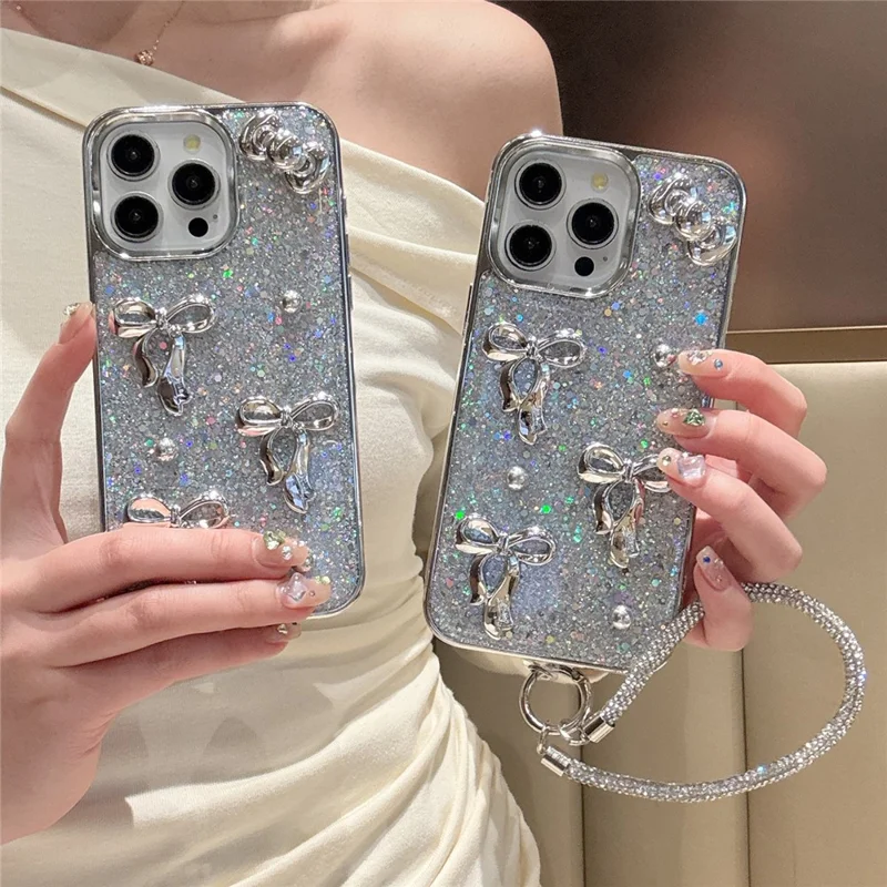 For iPhone 16 Case Electroplated Bowknot Glitter Epoxy Phone Back Cover with Strap