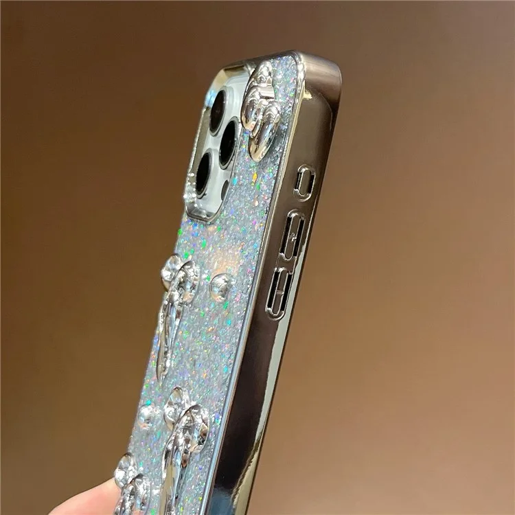 For iPhone 16 Case Electroplated Bowknot Glitter Epoxy Phone Back Cover with Strap
