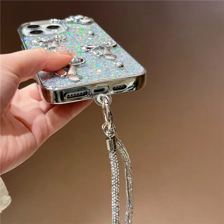 For iPhone 16 Case Electroplated Bowknot Glitter Epoxy Phone Back Cover with Strap