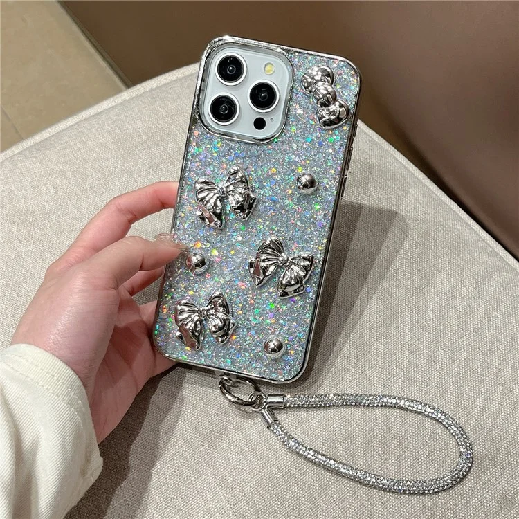 Funda para iPhone 16 con Lazo, Cuentas de Plata, Purpurina Epoxi, Cubierta Electropulida de PC y TPU con Correa