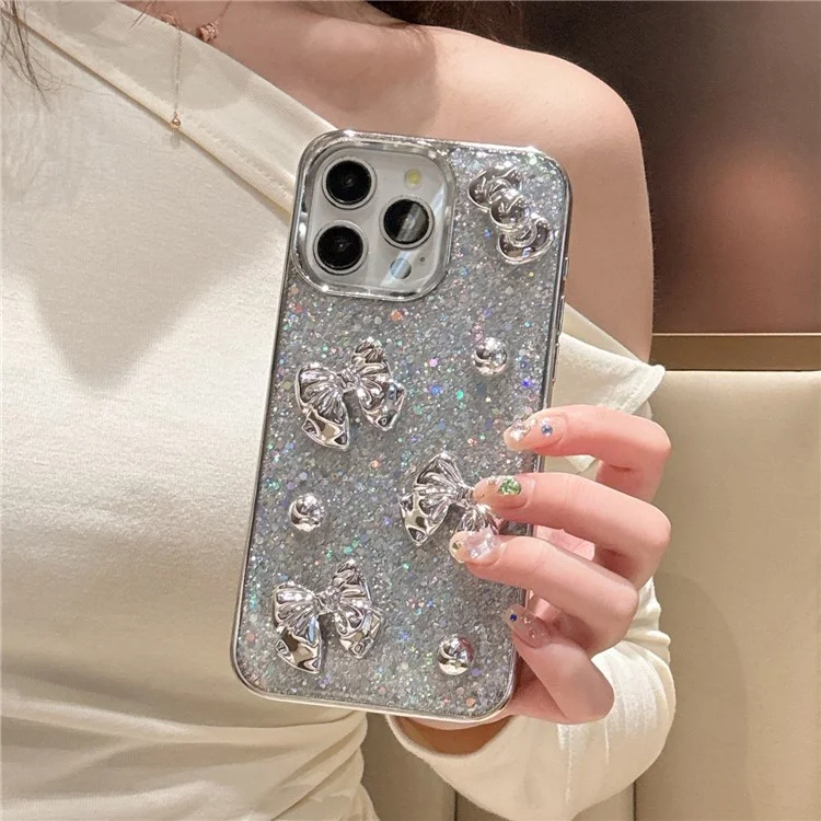 Funda para iPhone 16 con Lazo, Cuentas de Plata, Purpurina Epoxi, Cubierta Electropulida de PC y TPU con Correa