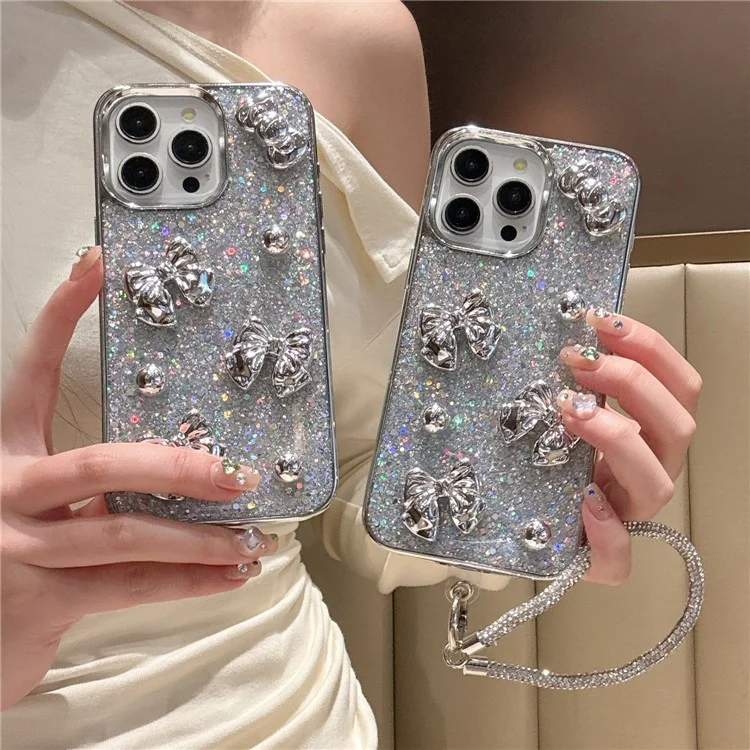 Funda para iPhone 16 con Lazo, Cuentas de Plata, Purpurina Epoxi, Cubierta Electropulida de PC y TPU con Correa