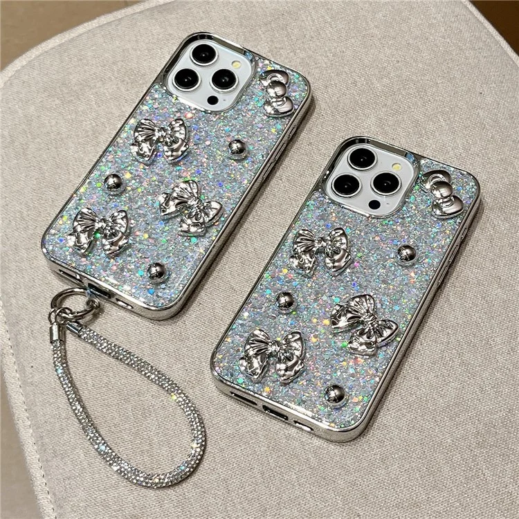Funda para iPhone 16 con Lazo, Cuentas de Plata, Purpurina Epoxi, Cubierta Electropulida de PC y TPU con Correa