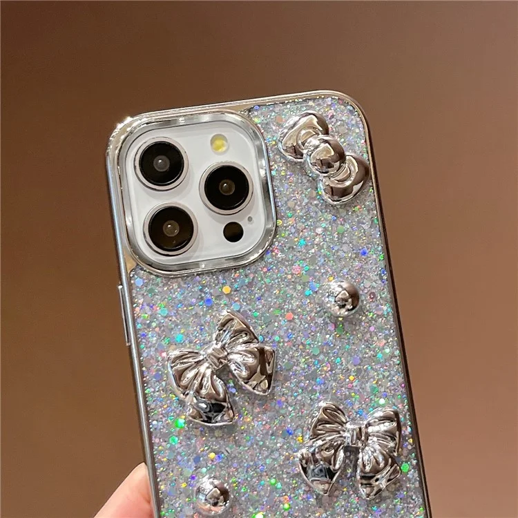 Funda para iPhone 16 con Lazo, Cuentas de Plata, Purpurina Epoxi, Cubierta Electropulida de PC y TPU con Correa