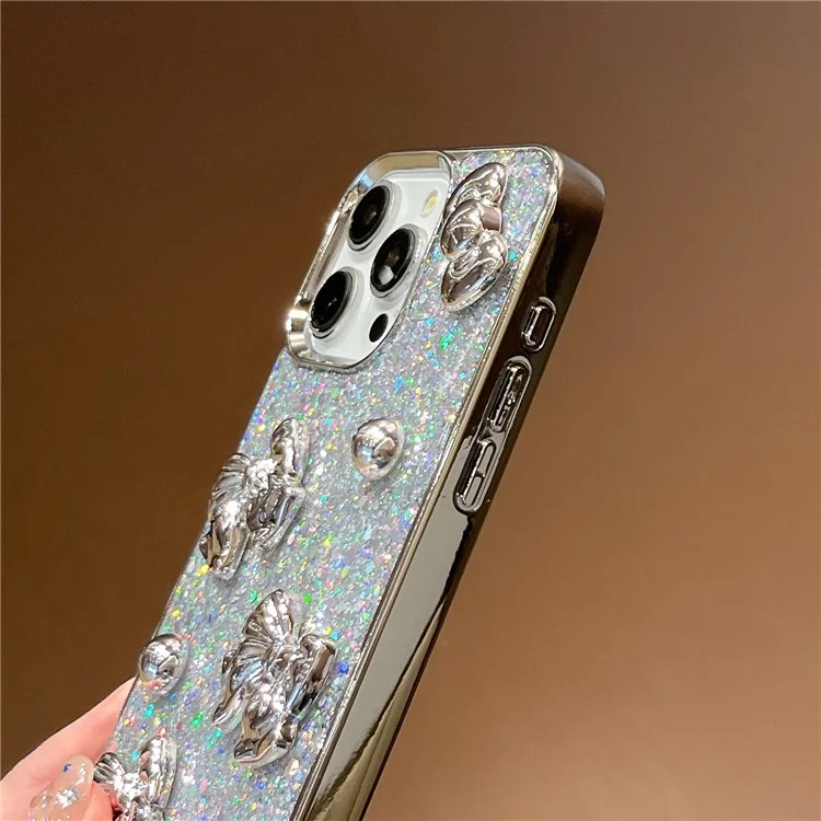 Funda para iPhone 16 con Lazo, Cuentas de Plata, Purpurina Epoxi, Cubierta Electropulida de PC y TPU con Correa