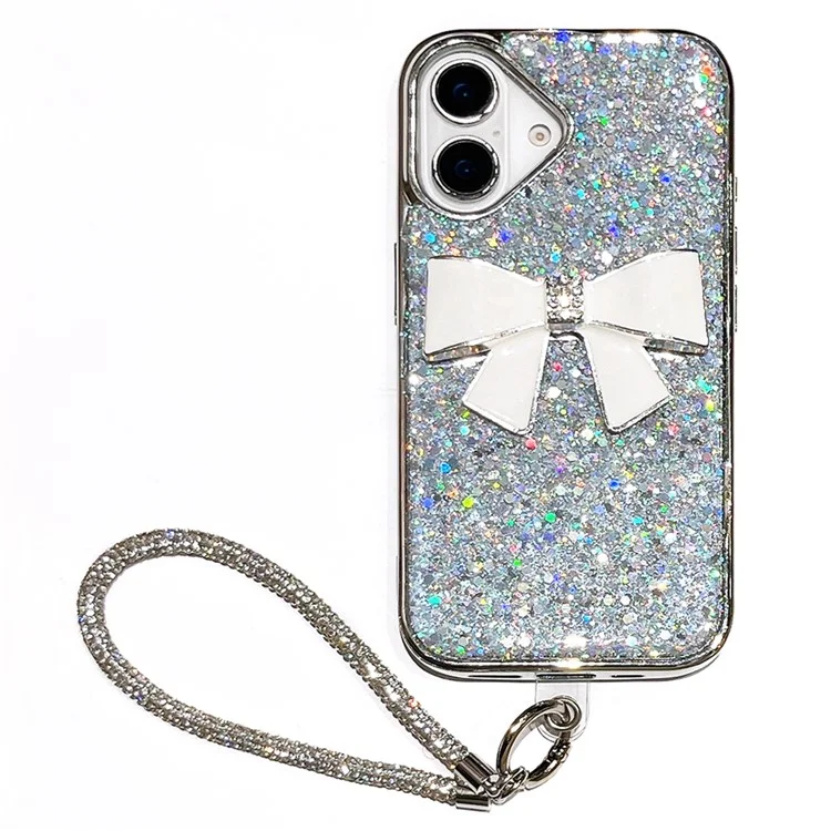 For iPhone 16 Case Large Bowknot Electroplated Glitter Epoxy Shockproof Phone Cover with Strap - White