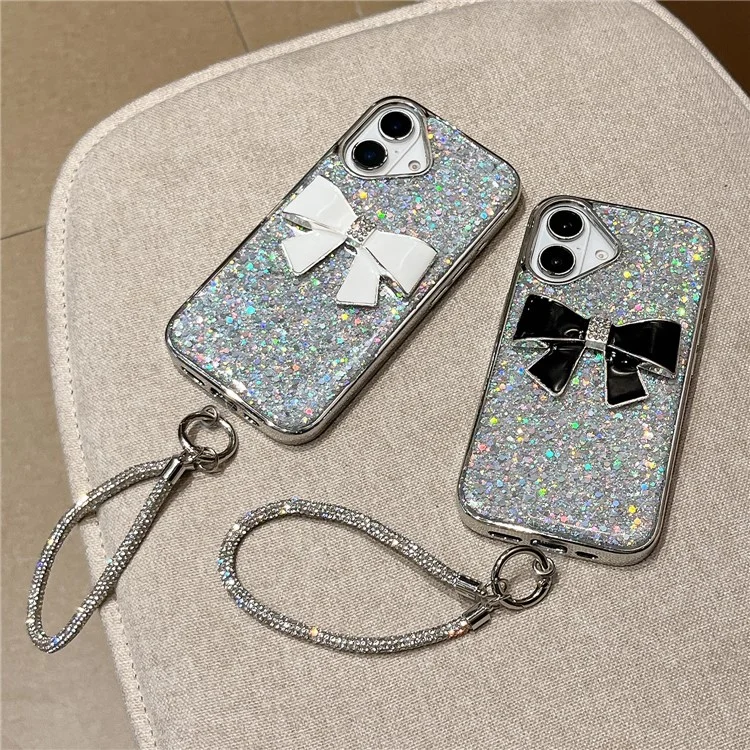 For iPhone 16 Case Large Bowknot Electroplated Glitter Epoxy Shockproof Phone Cover with Strap - White
