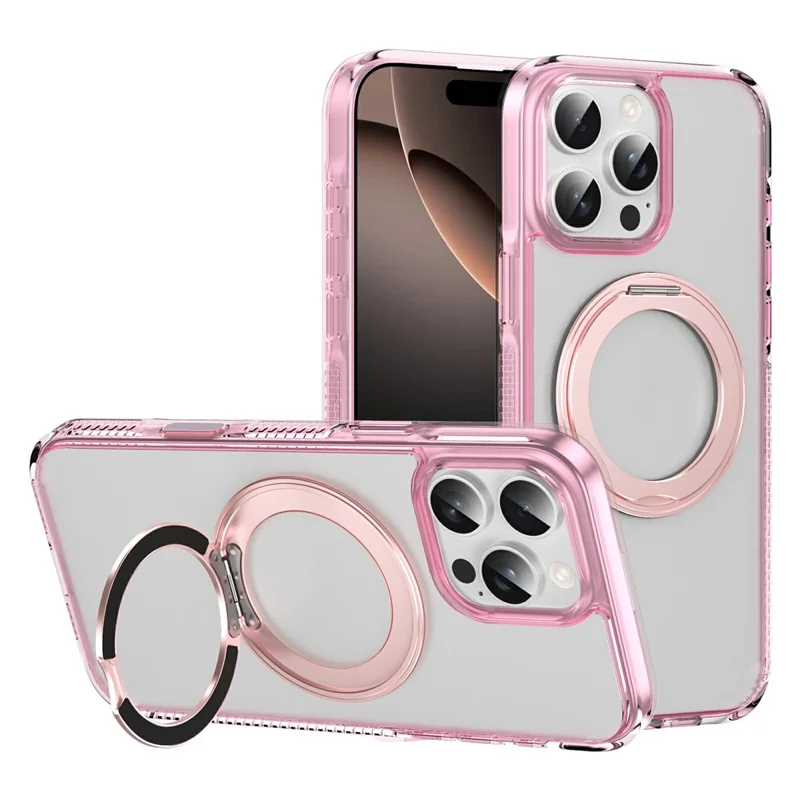 For iPhone 16 Pro Max Case Rotating Kickstand  PC + TPU Magnetic Phone Cover with Camera Touch Control Button - Transparent Pink