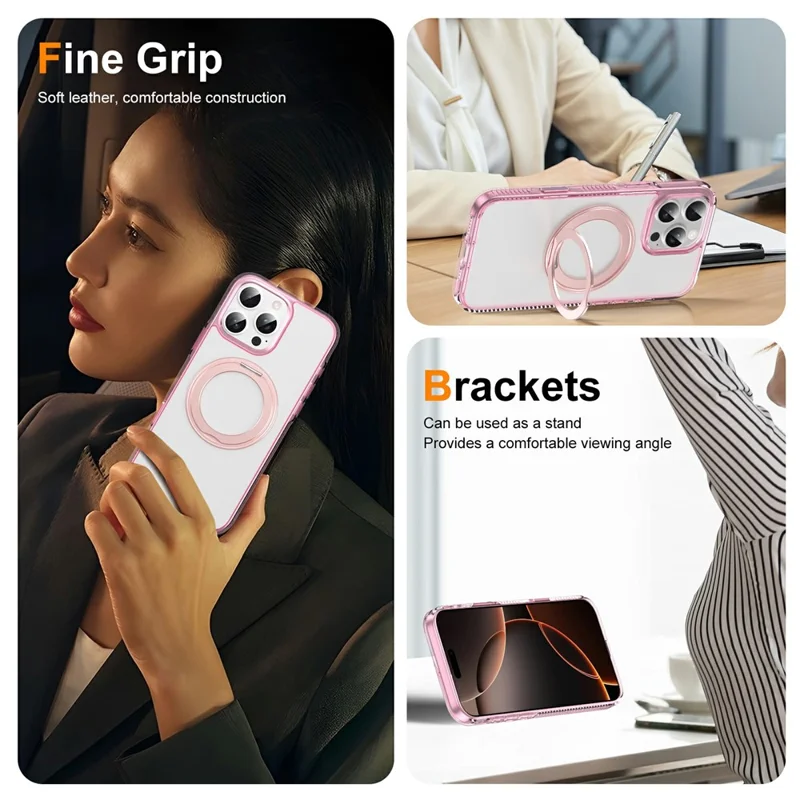 For iPhone 16 Pro Max Case Rotating Kickstand  PC + TPU Magnetic Phone Cover with Camera Touch Control Button - Transparent Pink