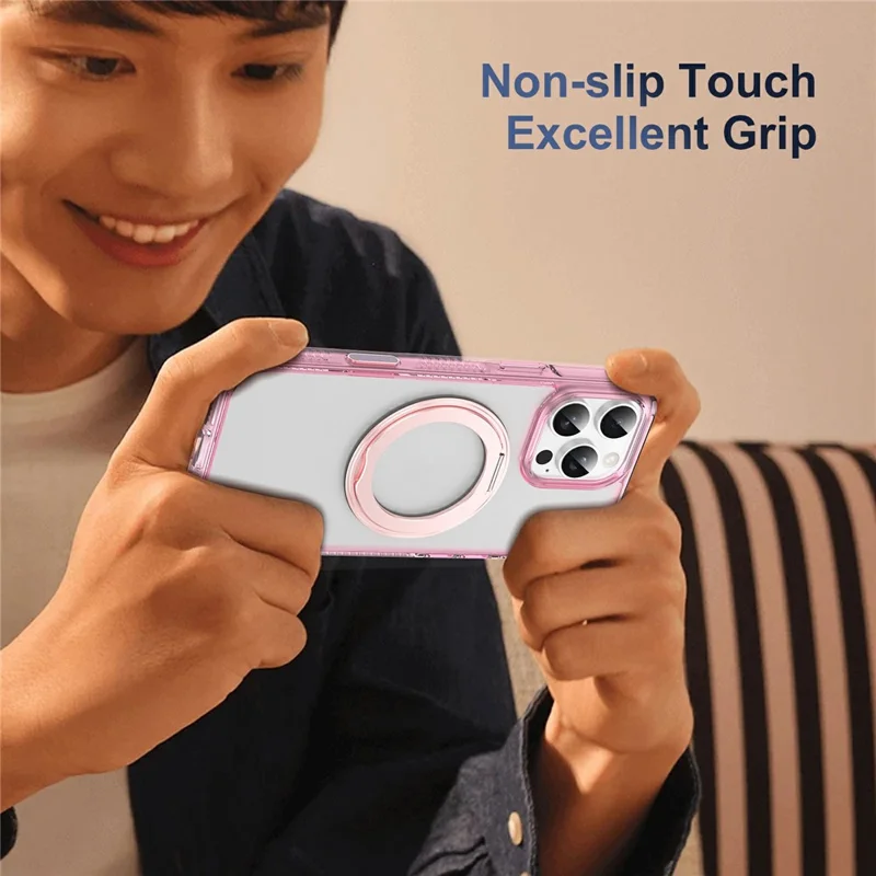 For iPhone 16 Pro Max Case Rotating Kickstand  PC + TPU Magnetic Phone Cover with Camera Touch Control Button - Transparent Pink