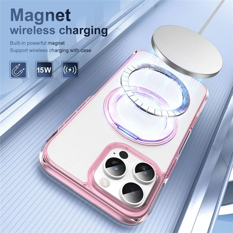 For iPhone 16 Pro Max Case Rotating Kickstand  PC + TPU Magnetic Phone Cover with Camera Touch Control Button - Transparent Pink