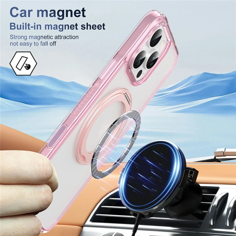 For iPhone 16 Pro Max Case Rotating Kickstand  PC + TPU Magnetic Phone Cover with Camera Touch Control Button - Transparent Pink