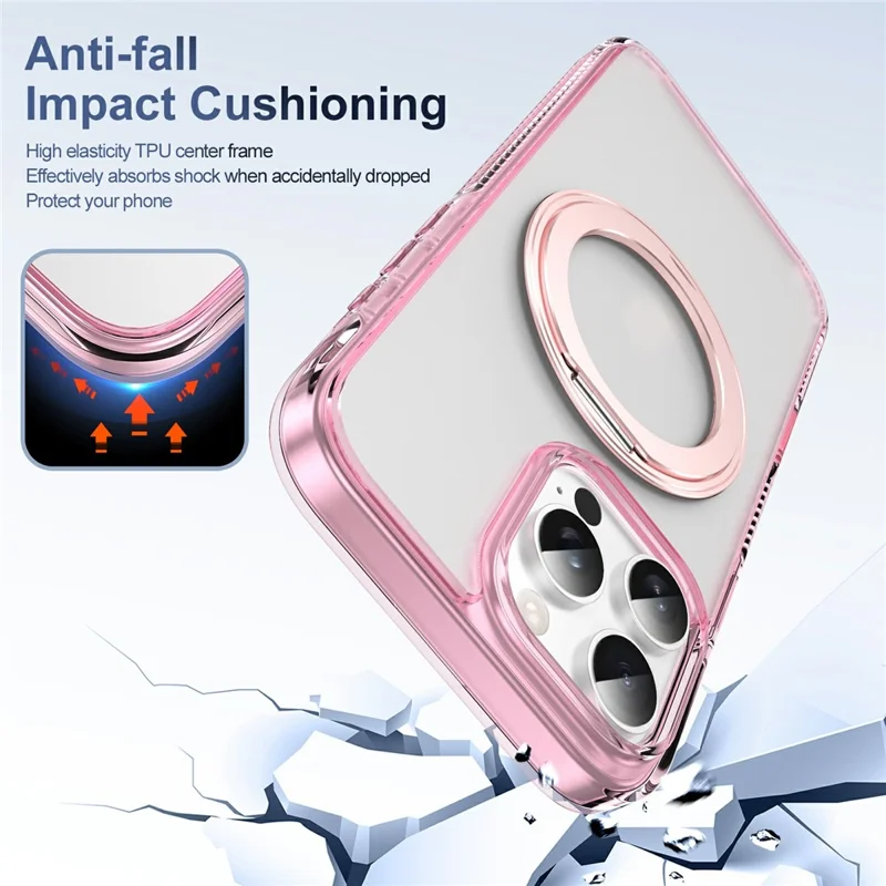 For iPhone 16 Pro Max Case Rotating Kickstand  PC + TPU Magnetic Phone Cover with Camera Touch Control Button - Transparent Pink