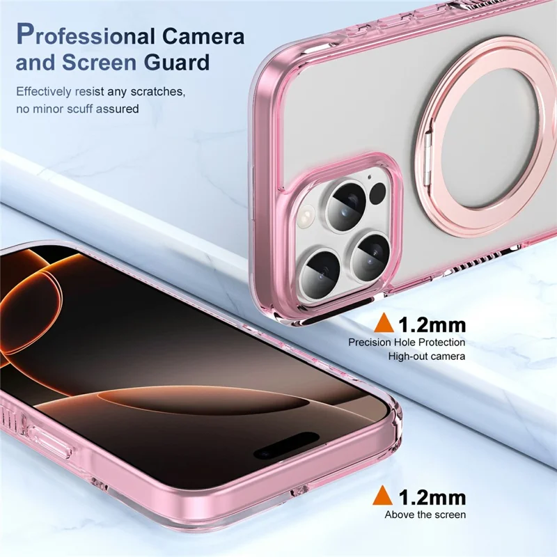 For iPhone 16 Pro Max Case Rotating Kickstand  PC + TPU Magnetic Phone Cover with Camera Touch Control Button - Transparent Pink