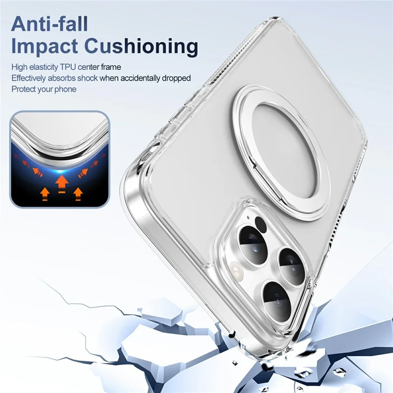 For iPhone 16 Pro Case Rotating Kickstand  PC + TPU Magnetic Phone Cover with Camera Touch Control Button - Transparent