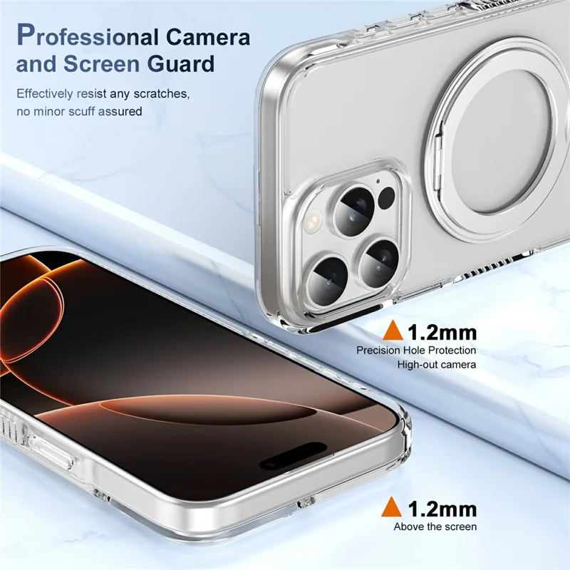 For iPhone 16 Pro Case Rotating Kickstand  PC + TPU Magnetic Phone Cover with Camera Touch Control Button - Transparent