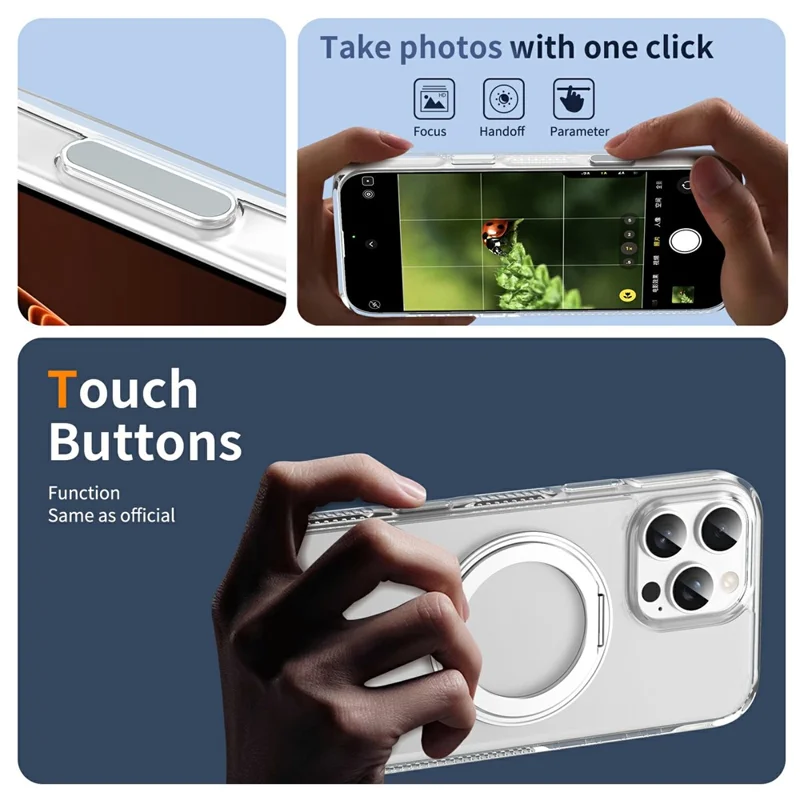 For iPhone 16 Pro Case Rotating Kickstand  PC + TPU Magnetic Phone Cover with Camera Touch Control Button - Transparent