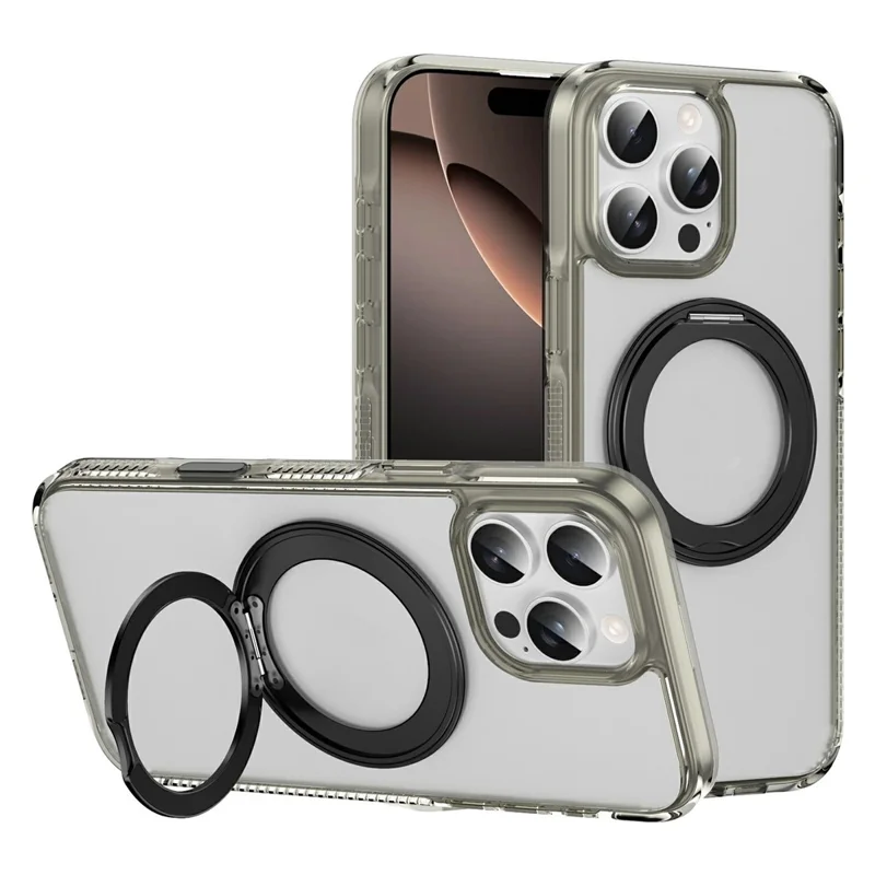 For iPhone 16 Pro Case Rotating Kickstand  PC + TPU Magnetic Phone Cover with Camera Touch Control Button - Transparent Grey
