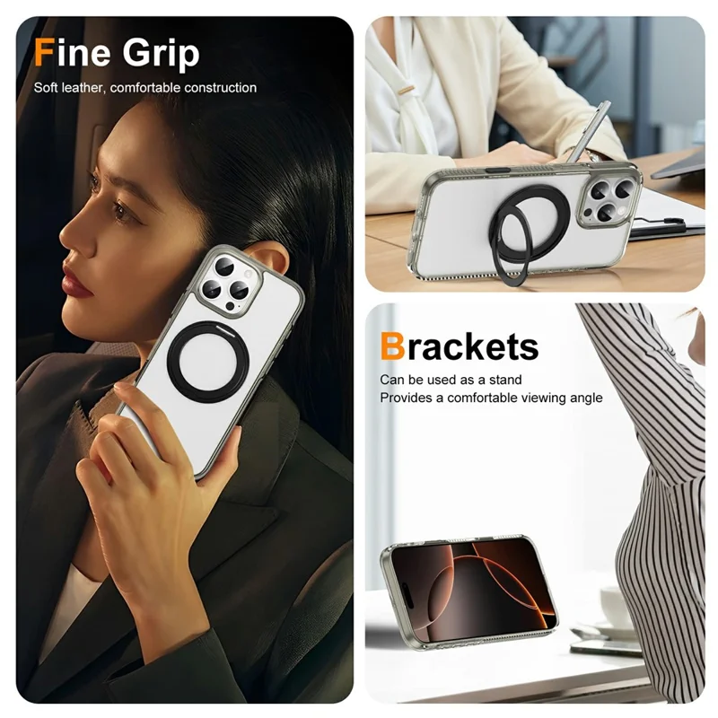 For iPhone 16 Pro Case Rotating Kickstand  PC + TPU Magnetic Phone Cover with Camera Touch Control Button - Transparent Grey