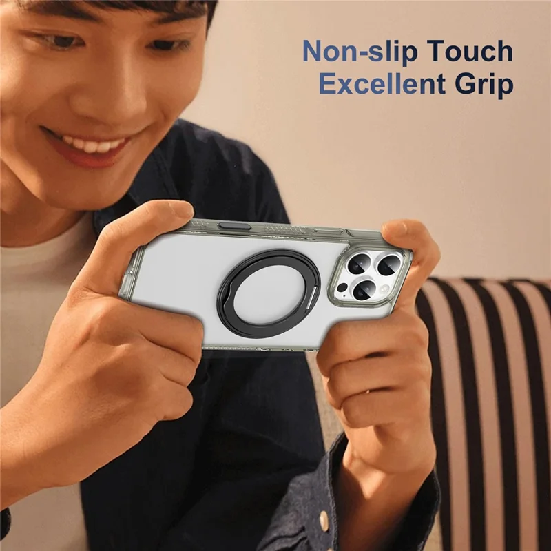 For iPhone 16 Pro Case Rotating Kickstand  PC + TPU Magnetic Phone Cover with Camera Touch Control Button - Transparent Grey