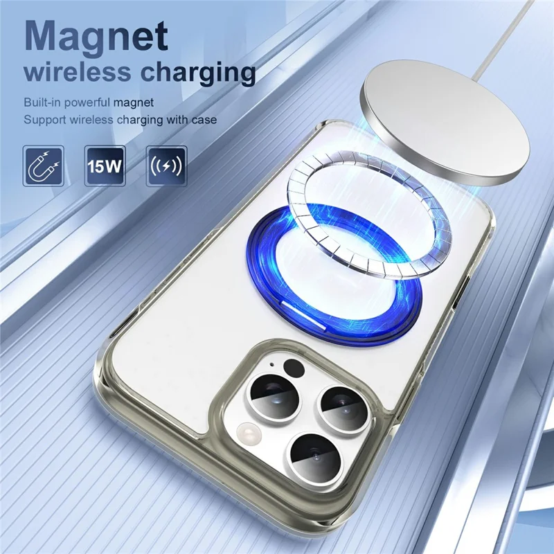 For iPhone 16 Pro Case Rotating Kickstand  PC + TPU Magnetic Phone Cover with Camera Touch Control Button - Transparent Grey