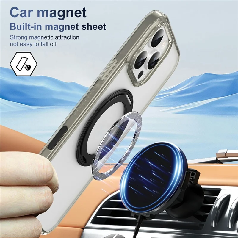 For iPhone 16 Pro Case Rotating Kickstand  PC + TPU Magnetic Phone Cover with Camera Touch Control Button - Transparent Grey