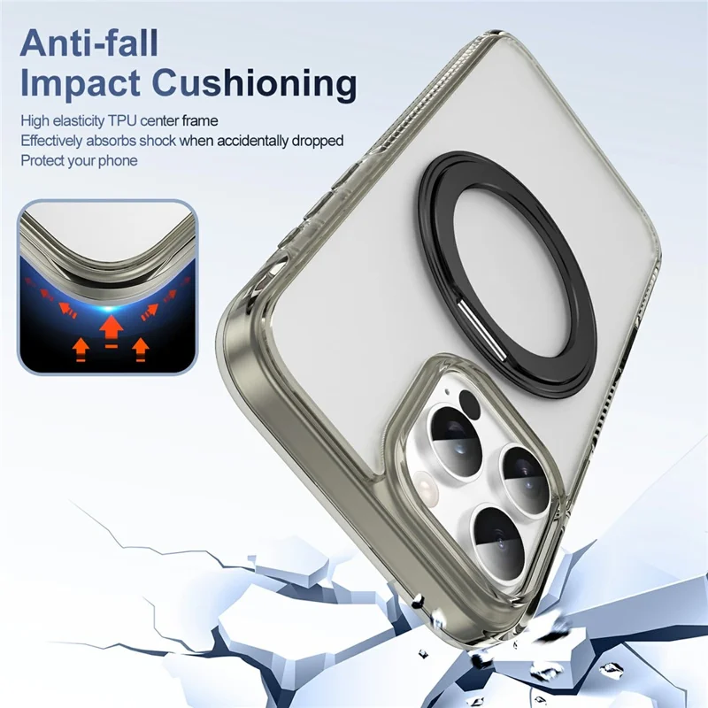 For iPhone 16 Pro Case Rotating Kickstand  PC + TPU Magnetic Phone Cover with Camera Touch Control Button - Transparent Grey