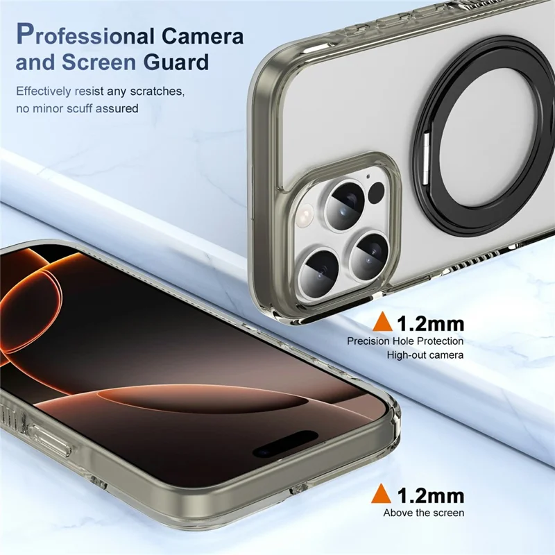 For iPhone 16 Pro Case Rotating Kickstand  PC + TPU Magnetic Phone Cover with Camera Touch Control Button - Transparent Grey