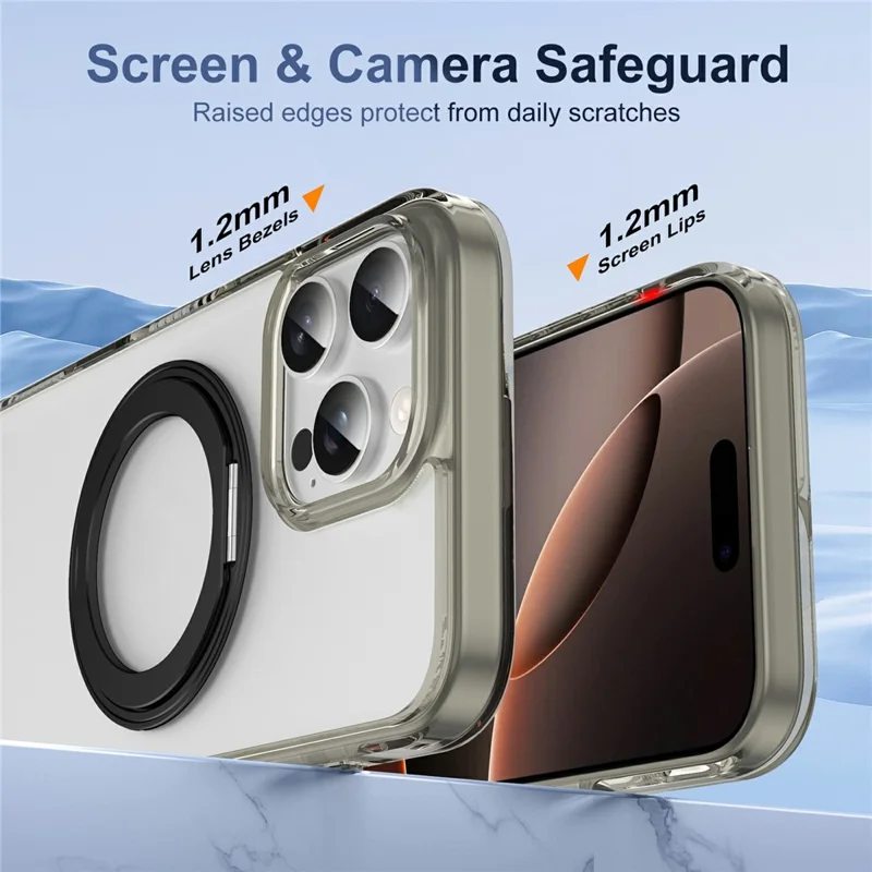 For iPhone 16 Pro Case Rotating Kickstand  PC + TPU Magnetic Phone Cover with Camera Touch Control Button - Transparent Grey