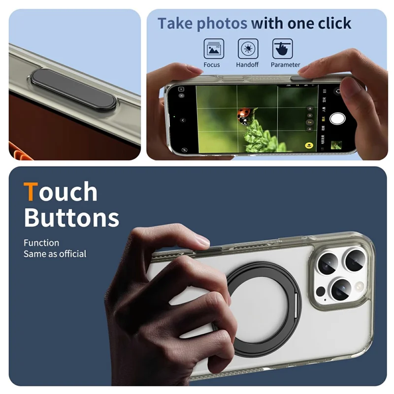 For iPhone 16 Pro Case Rotating Kickstand  PC + TPU Magnetic Phone Cover with Camera Touch Control Button - Transparent Grey