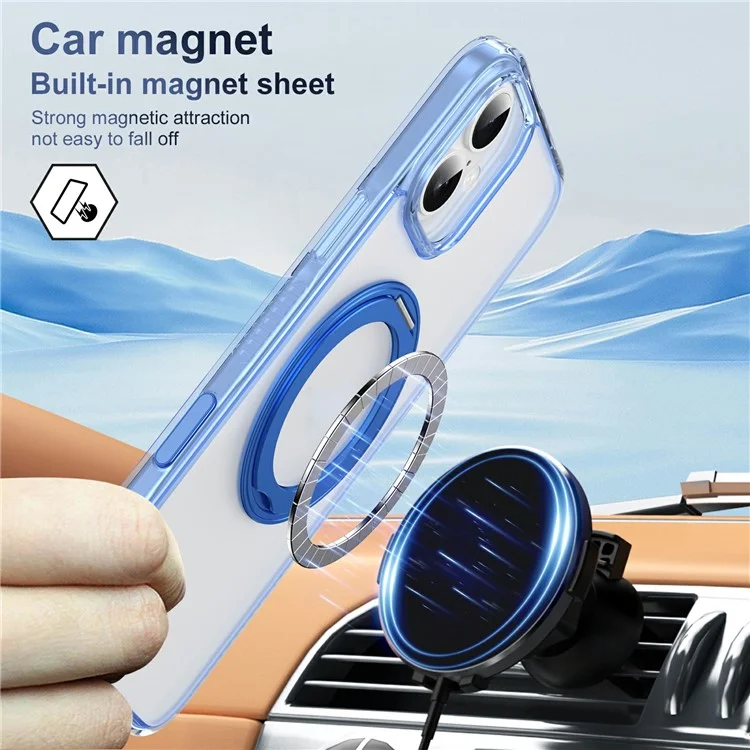Funda para iPhone 16 Plus con Botón de Control Táctil de Cámara, Soporte Giratorio, Carcasa Magnética de Teléfono PC + TPU - Azul Transparente