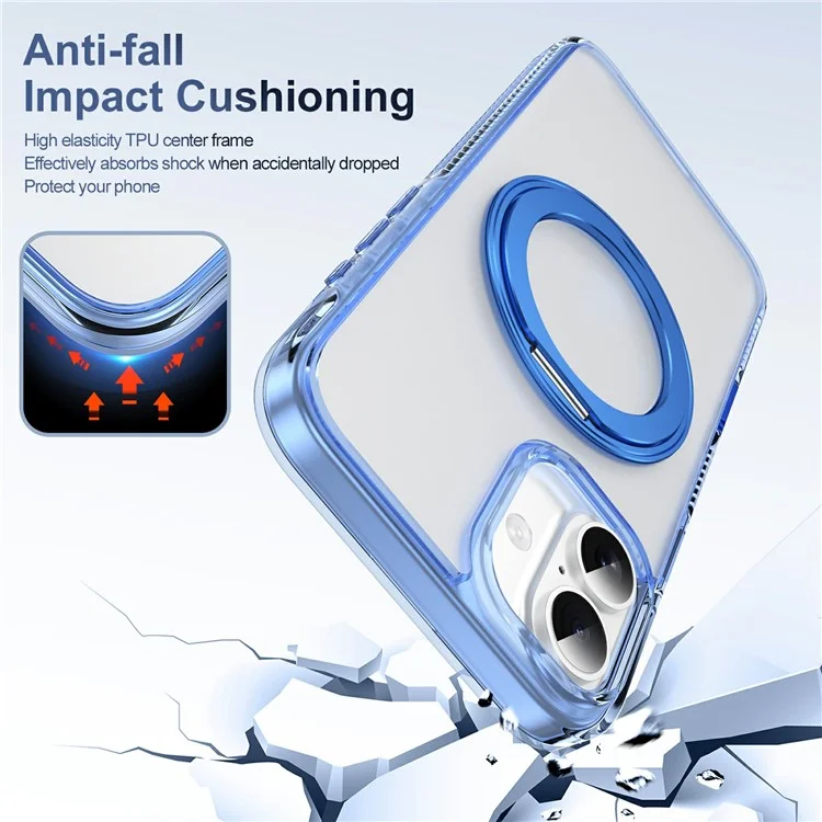 Funda para iPhone 16 Plus con Botón de Control Táctil de Cámara, Soporte Giratorio, Carcasa Magnética de Teléfono PC + TPU - Azul Transparente